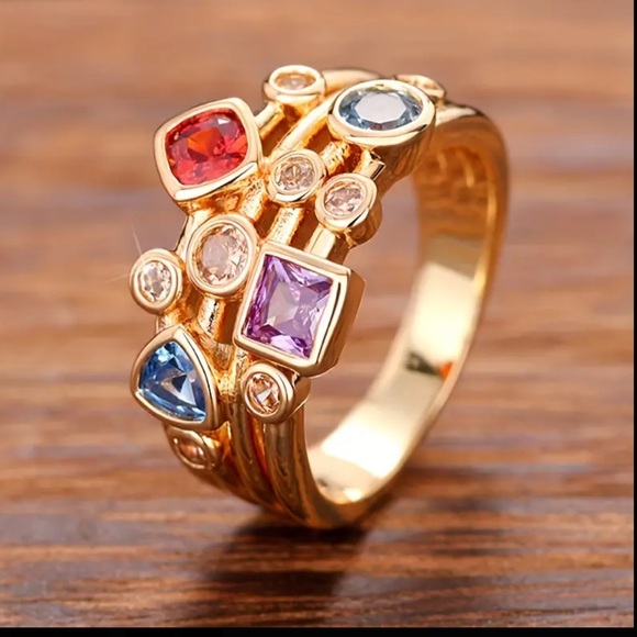 Vintage Luxury Geometric Rings with Multi-Colored Synthetic Gemstones - Picture 3 of 6